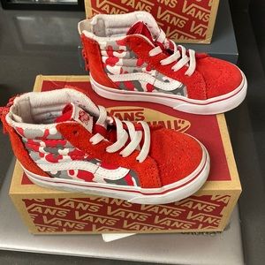 Kids red white and grey Camo vans